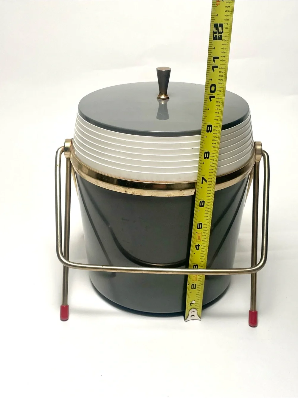 Vintage Mid Century Modern Charcoal Grey Ice Bucket & Metal Caddy Stand Legs